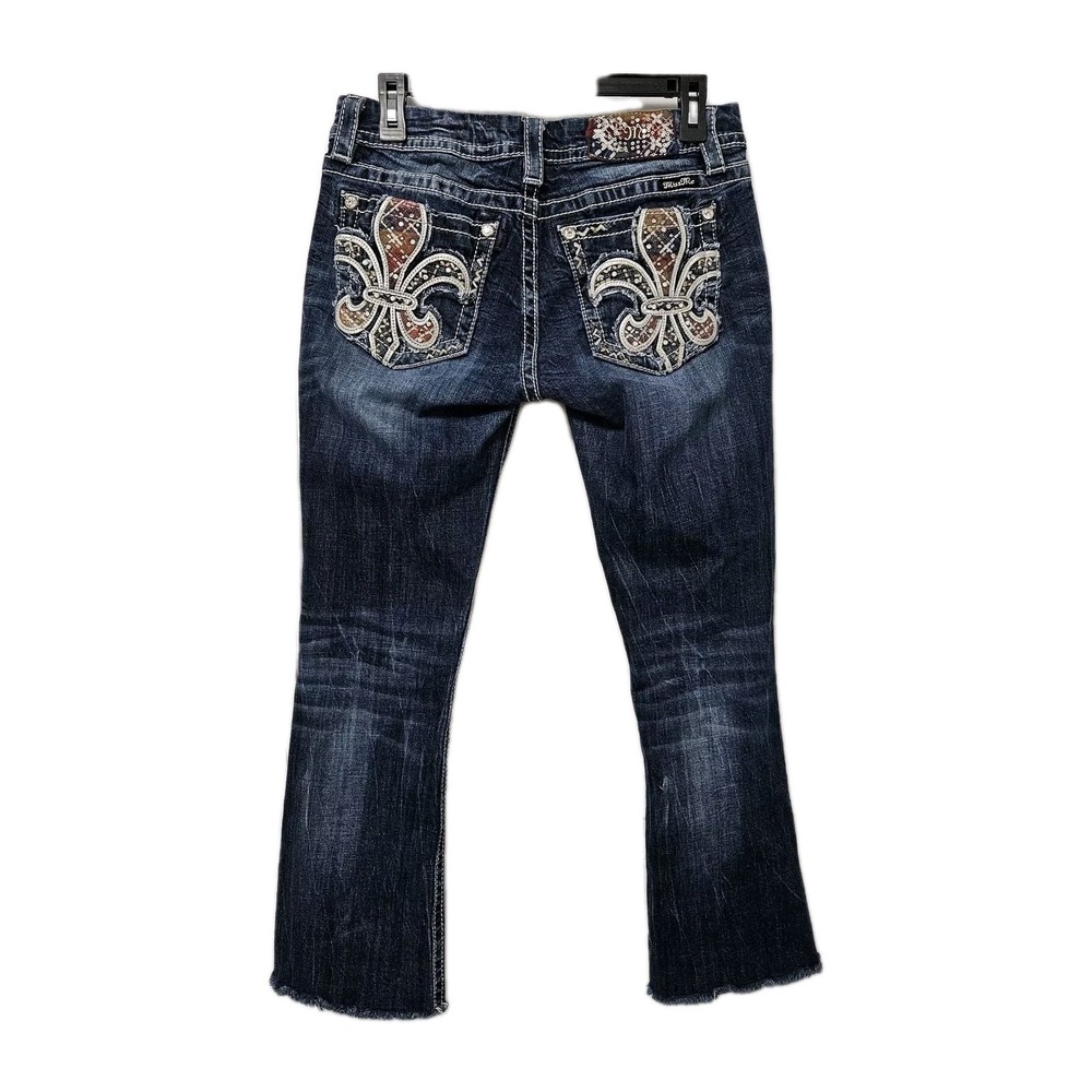 Miss Me Jeans Women 29 Signature Boot Bootcut Fleur De Lis Embellished Raw Hem